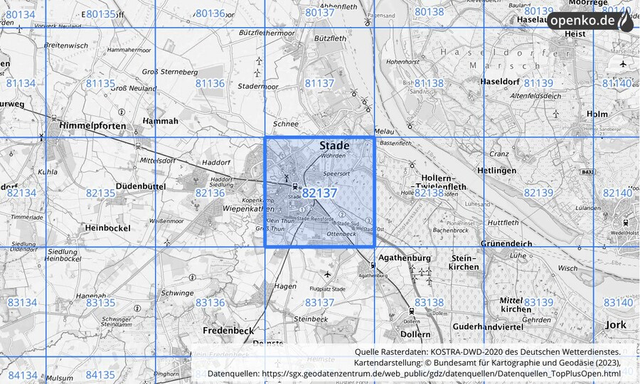 Übersichtskarte des KOSTRA-DWD-2020-Rasterfeldes Nr. 82137