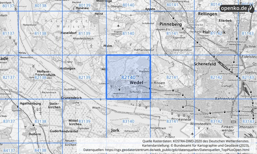 Übersichtskarte des KOSTRA-DWD-2020-Rasterfeldes Nr. 82140