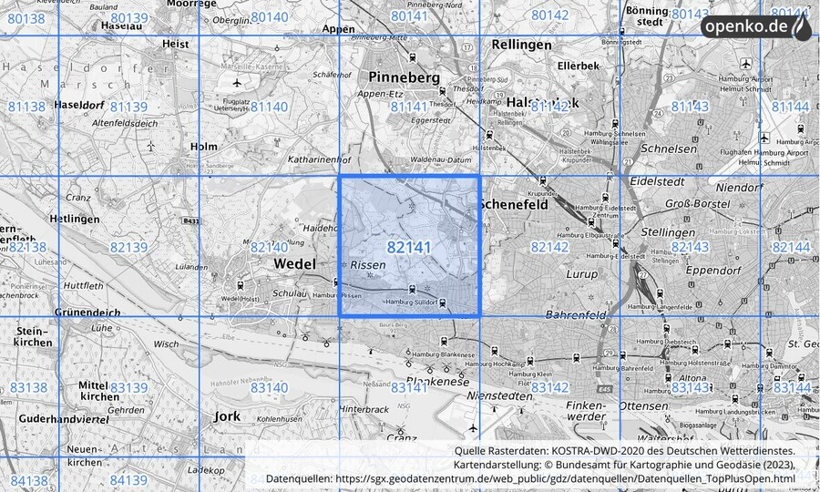 Übersichtskarte des KOSTRA-DWD-2020-Rasterfeldes Nr. 82141