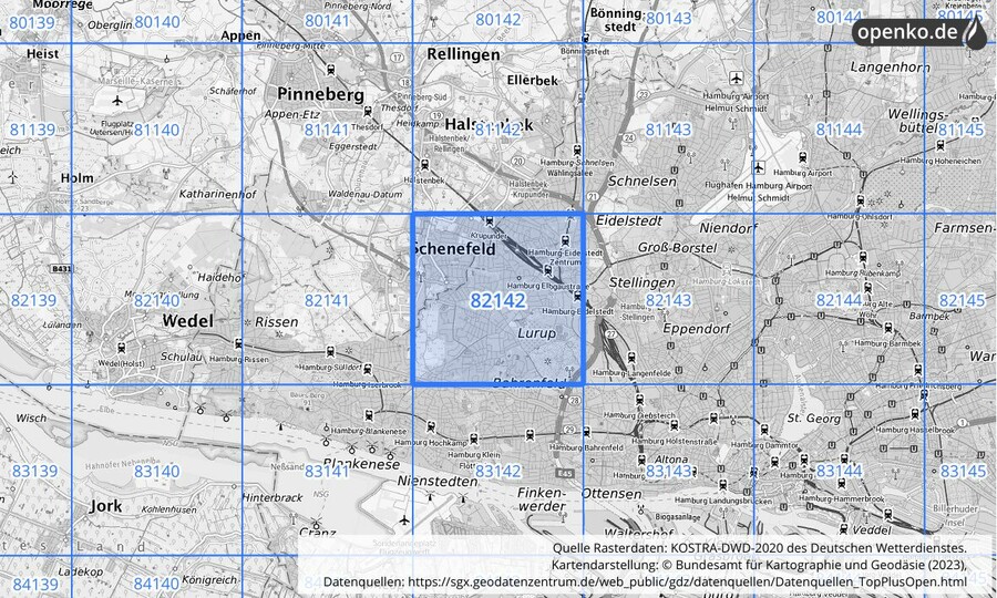 Übersichtskarte des KOSTRA-DWD-2020-Rasterfeldes Nr. 82142