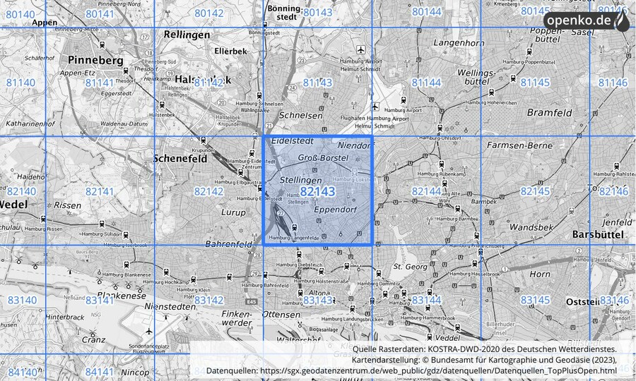 Übersichtskarte des KOSTRA-DWD-2020-Rasterfeldes Nr. 82143