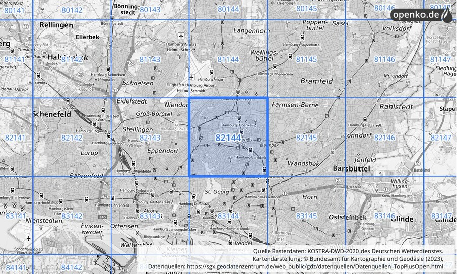 Übersichtskarte des KOSTRA-DWD-2020-Rasterfeldes Nr. 82144