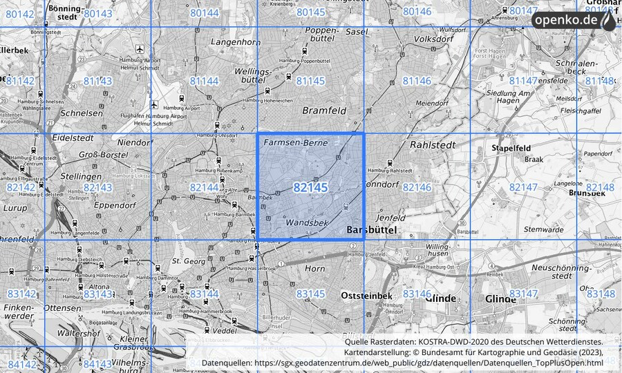 Übersichtskarte des KOSTRA-DWD-2020-Rasterfeldes Nr. 82145