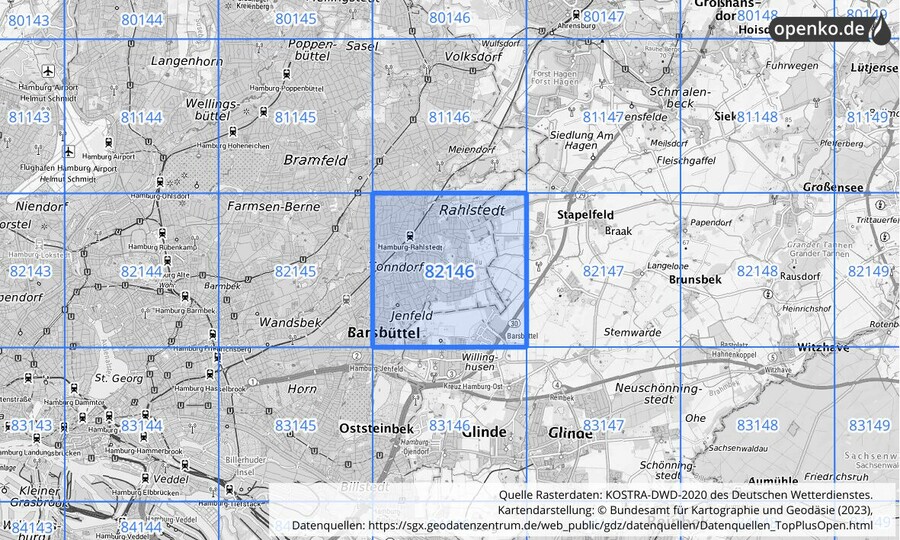 Übersichtskarte des KOSTRA-DWD-2020-Rasterfeldes Nr. 82146