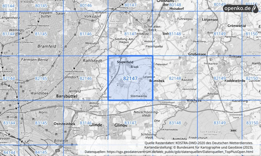 Übersichtskarte des KOSTRA-DWD-2020-Rasterfeldes Nr. 82147