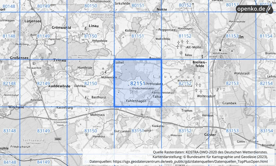 Übersichtskarte des KOSTRA-DWD-2020-Rasterfeldes Nr. 82151