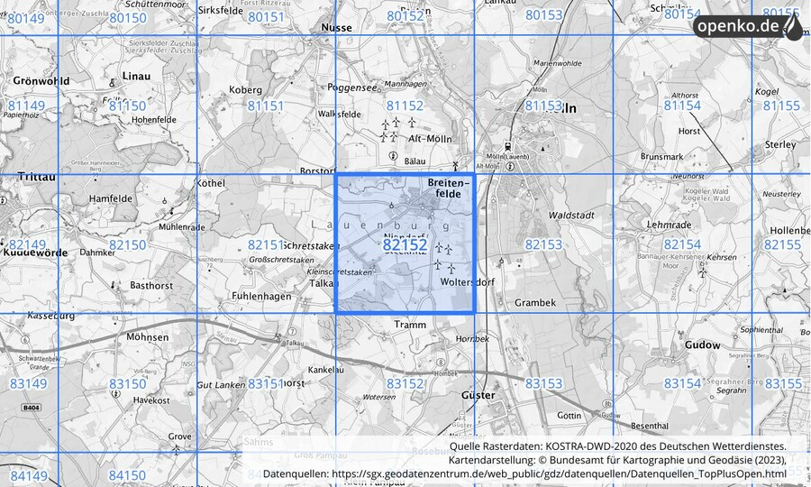 Übersichtskarte des KOSTRA-DWD-2020-Rasterfeldes Nr. 82152