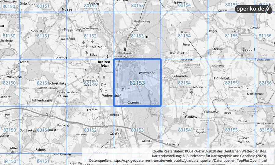 Übersichtskarte des KOSTRA-DWD-2020-Rasterfeldes Nr. 82153