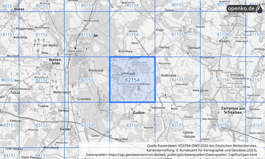 Übersichtskarte des KOSTRA-DWD-2020-Rasterfeldes Nr. 82154