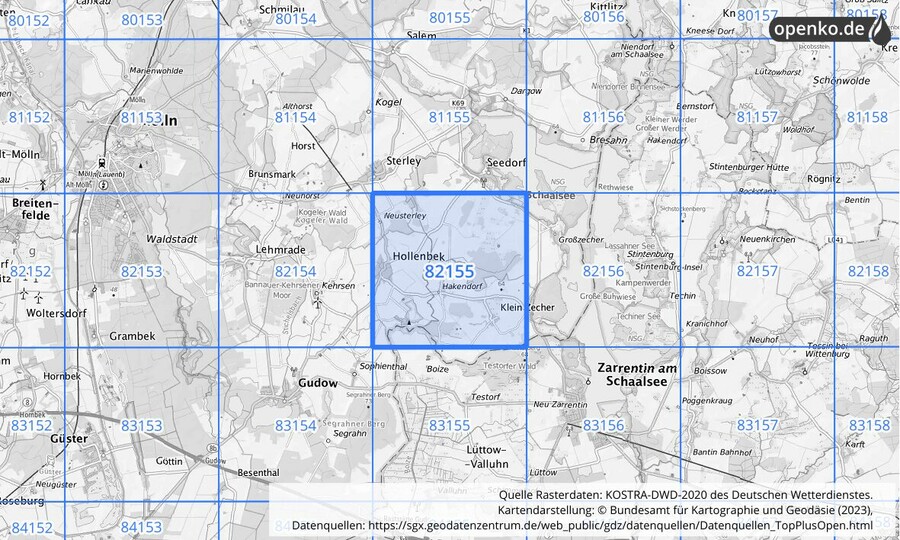 Übersichtskarte des KOSTRA-DWD-2020-Rasterfeldes Nr. 82155