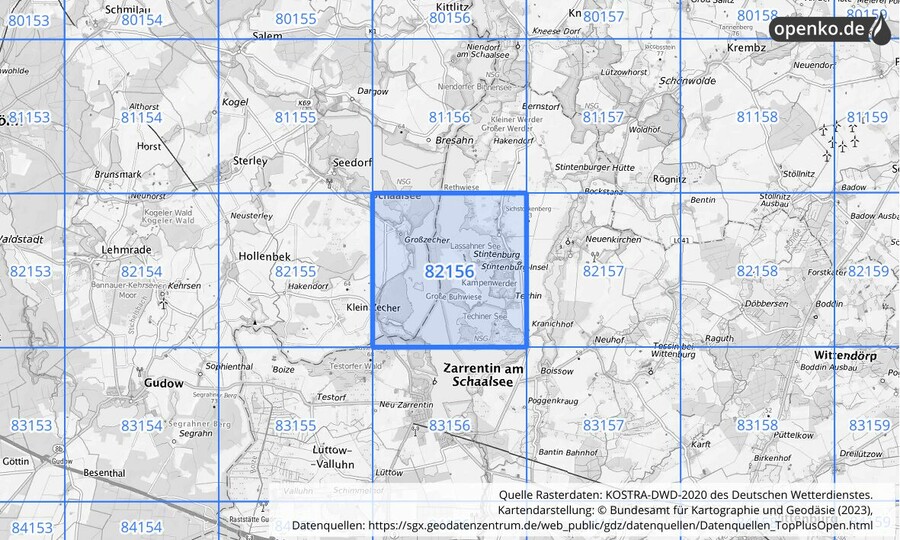 Übersichtskarte des KOSTRA-DWD-2020-Rasterfeldes Nr. 82156