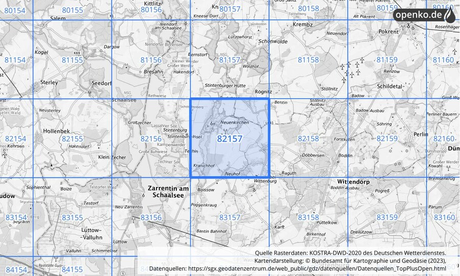 Übersichtskarte des KOSTRA-DWD-2020-Rasterfeldes Nr. 82157