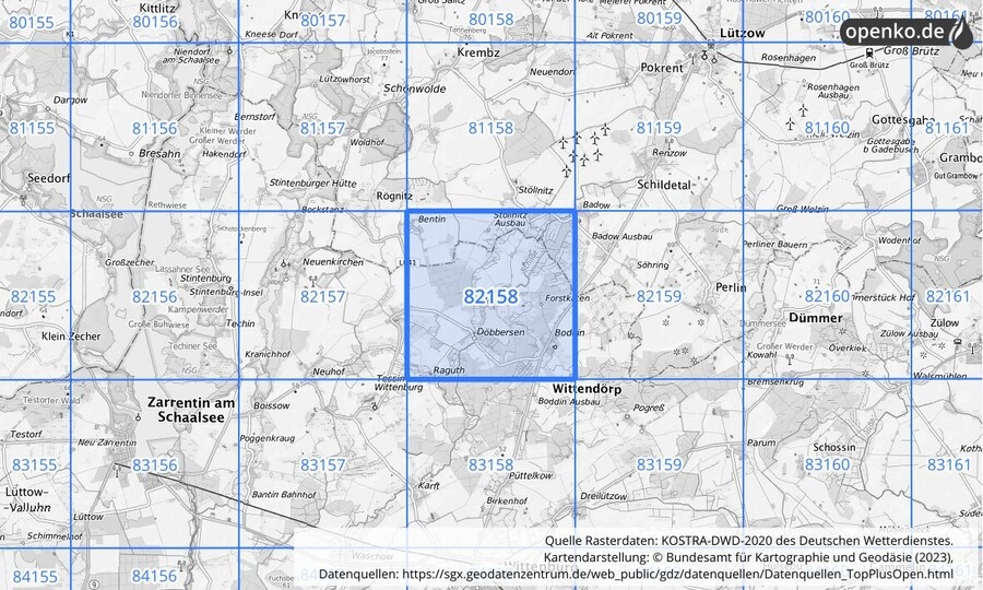 Übersichtskarte des KOSTRA-DWD-2020-Rasterfeldes Nr. 82158