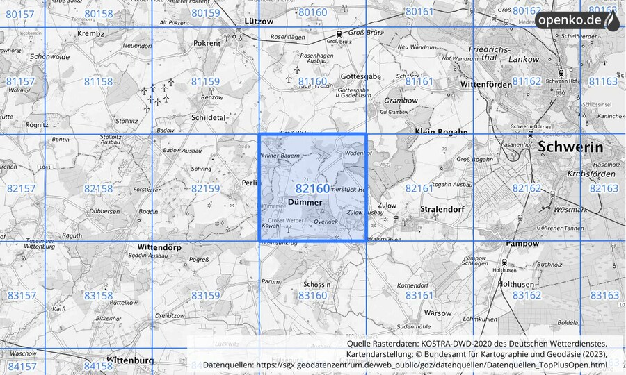 Übersichtskarte des KOSTRA-DWD-2020-Rasterfeldes Nr. 82160