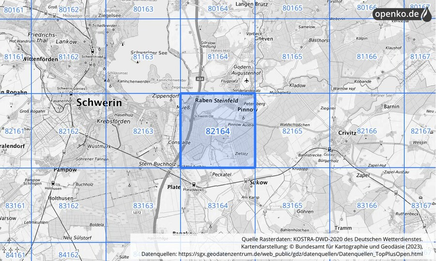 Übersichtskarte des KOSTRA-DWD-2020-Rasterfeldes Nr. 82164