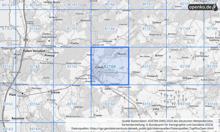 Übersichtskarte des KOSTRA-DWD-2020-Rasterfeldes Nr. 82166