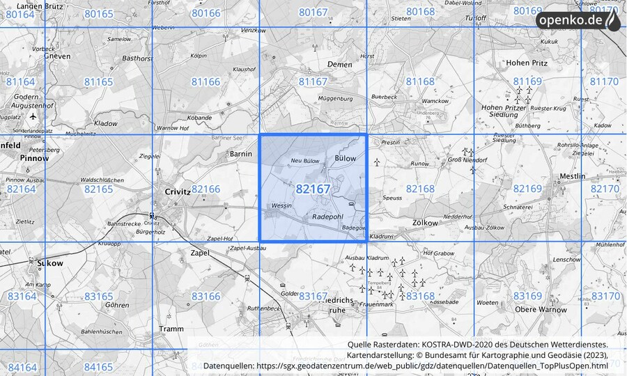 Übersichtskarte des KOSTRA-DWD-2020-Rasterfeldes Nr. 82167