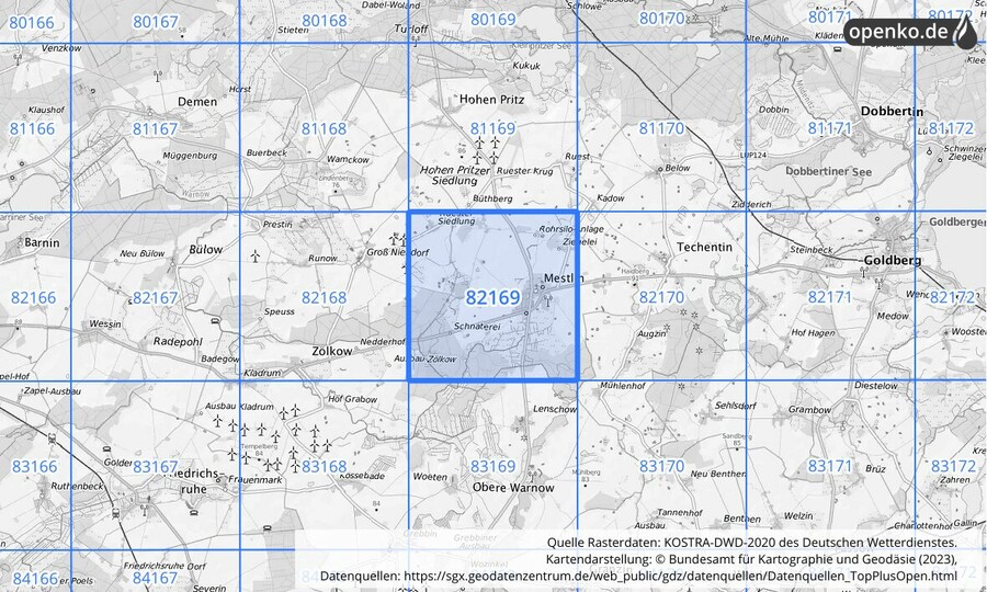 Übersichtskarte des KOSTRA-DWD-2020-Rasterfeldes Nr. 82169