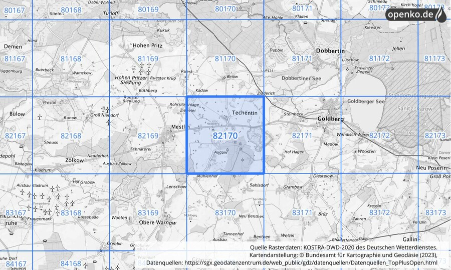 Übersichtskarte des KOSTRA-DWD-2020-Rasterfeldes Nr. 82170