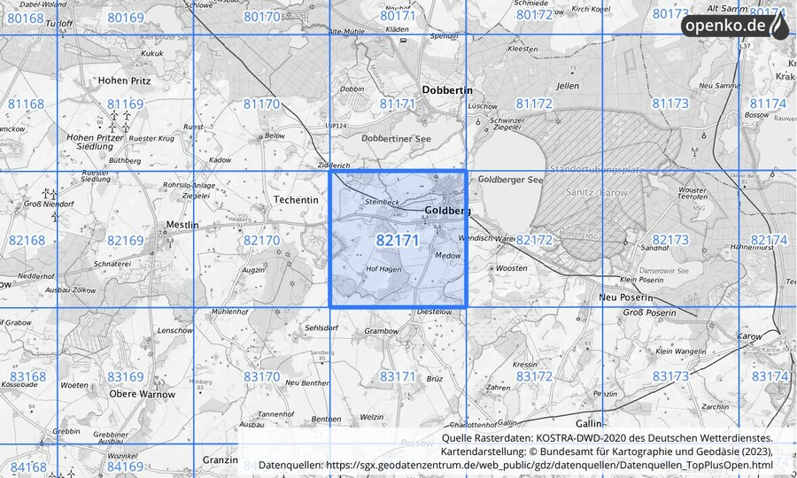 Übersichtskarte des KOSTRA-DWD-2020-Rasterfeldes Nr. 82171