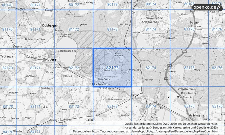 Übersichtskarte des KOSTRA-DWD-2020-Rasterfeldes Nr. 82173