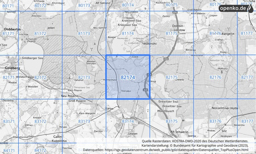 Übersichtskarte des KOSTRA-DWD-2020-Rasterfeldes Nr. 82174