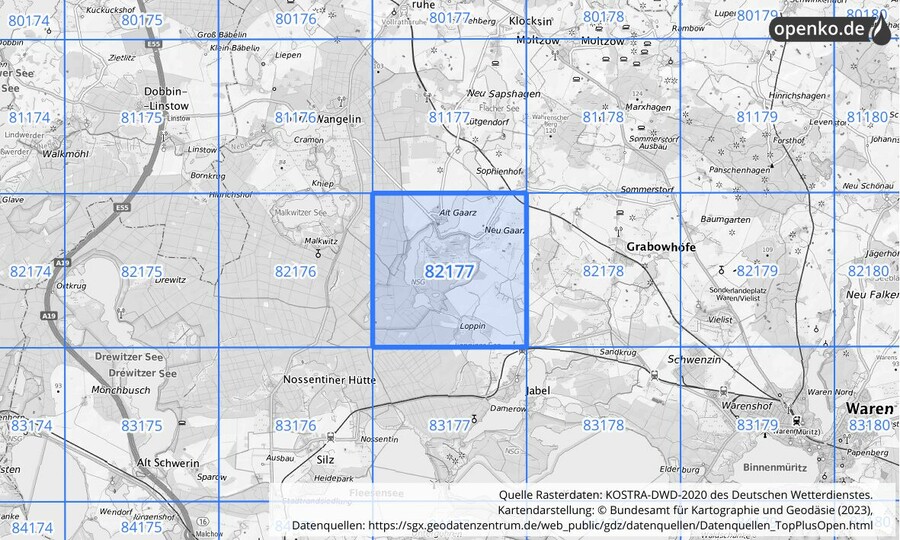 Übersichtskarte des KOSTRA-DWD-2020-Rasterfeldes Nr. 82177