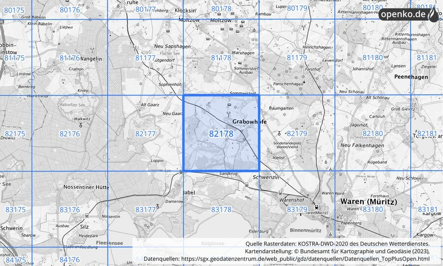 Übersichtskarte des KOSTRA-DWD-2020-Rasterfeldes Nr. 82178