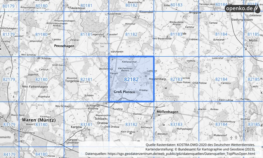 Übersichtskarte des KOSTRA-DWD-2020-Rasterfeldes Nr. 82182