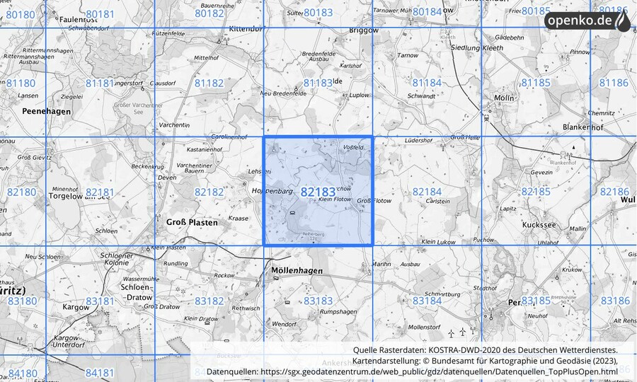Übersichtskarte des KOSTRA-DWD-2020-Rasterfeldes Nr. 82183