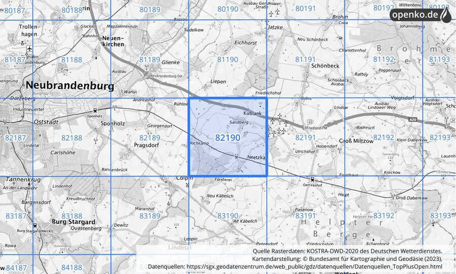 Übersichtskarte des KOSTRA-DWD-2020-Rasterfeldes Nr. 82190