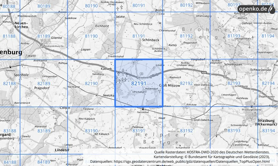 Übersichtskarte des KOSTRA-DWD-2020-Rasterfeldes Nr. 82191