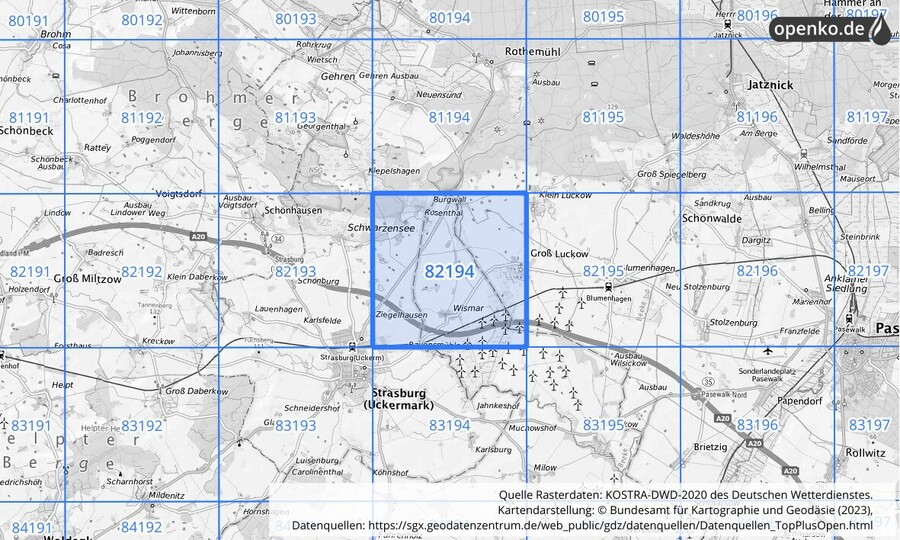 Übersichtskarte des KOSTRA-DWD-2020-Rasterfeldes Nr. 82194