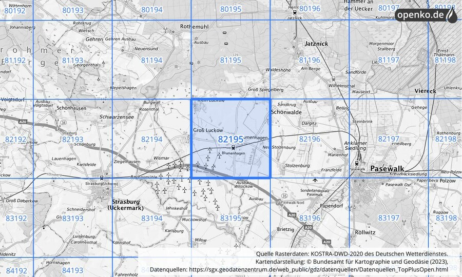 Übersichtskarte des KOSTRA-DWD-2020-Rasterfeldes Nr. 82195