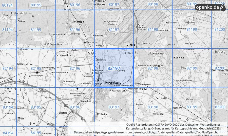 Übersichtskarte des KOSTRA-DWD-2020-Rasterfeldes Nr. 82197