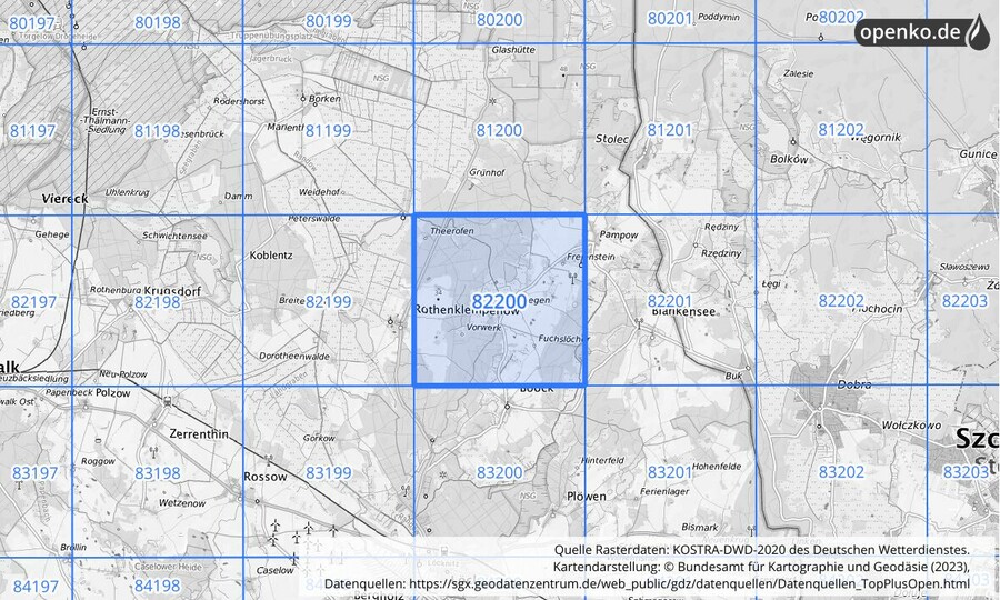 Übersichtskarte des KOSTRA-DWD-2020-Rasterfeldes Nr. 82200