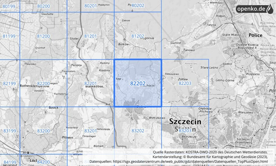 Übersichtskarte des KOSTRA-DWD-2020-Rasterfeldes Nr. 82202