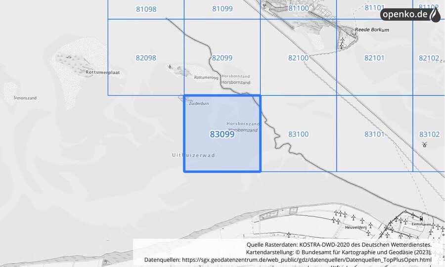 Übersichtskarte des KOSTRA-DWD-2020-Rasterfeldes Nr. 83099