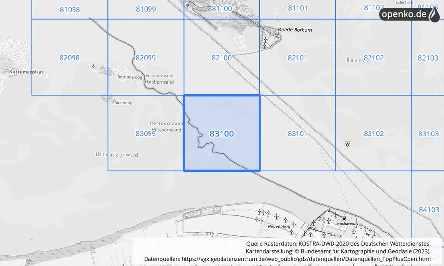 Übersichtskarte des KOSTRA-DWD-2020-Rasterfeldes Nr. 83100