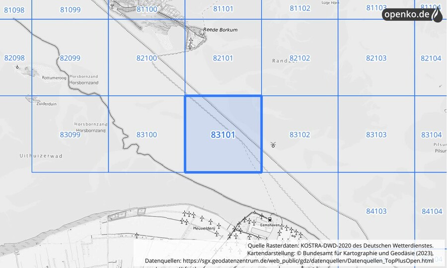 Übersichtskarte des KOSTRA-DWD-2020-Rasterfeldes Nr. 83101