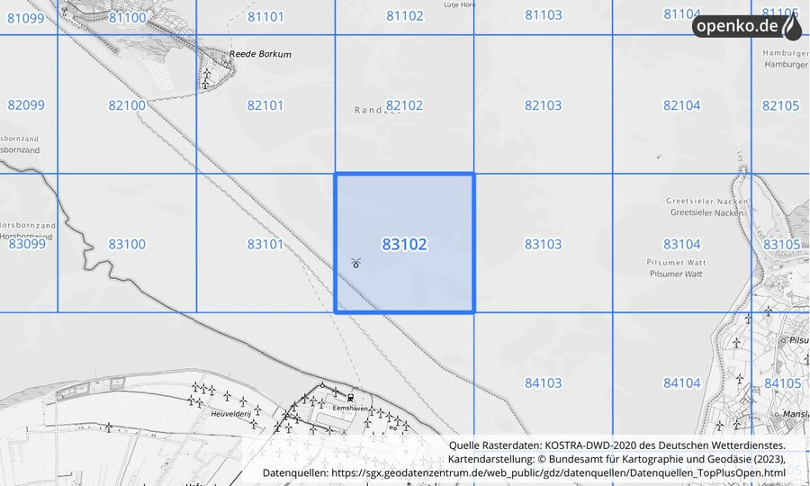 Übersichtskarte des KOSTRA-DWD-2020-Rasterfeldes Nr. 83102