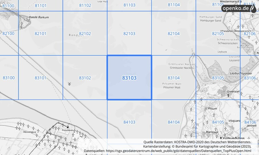 Übersichtskarte des KOSTRA-DWD-2020-Rasterfeldes Nr. 83103