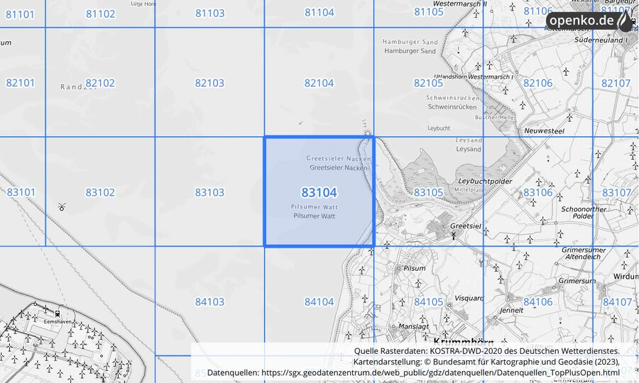 Übersichtskarte des KOSTRA-DWD-2020-Rasterfeldes Nr. 83104