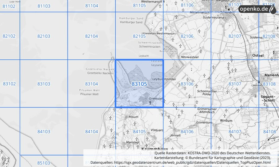 Übersichtskarte des KOSTRA-DWD-2020-Rasterfeldes Nr. 83105