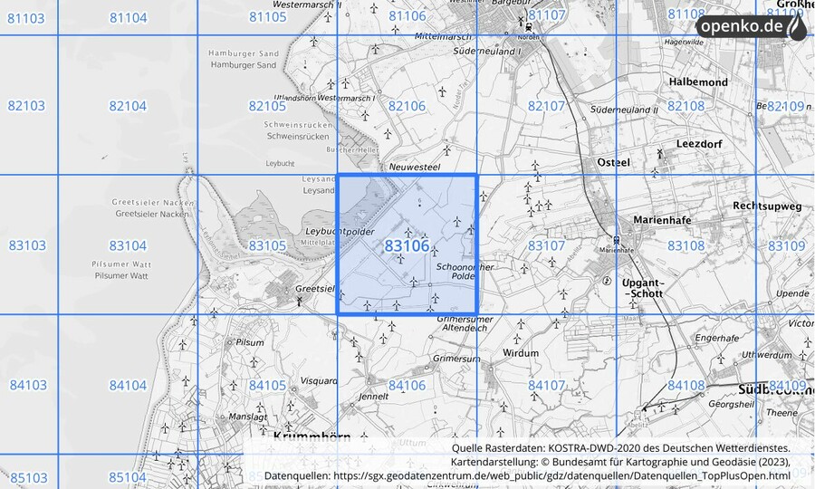 Übersichtskarte des KOSTRA-DWD-2020-Rasterfeldes Nr. 83106