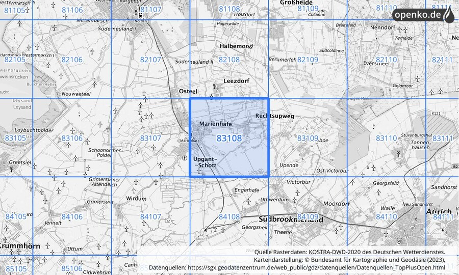 Übersichtskarte des KOSTRA-DWD-2020-Rasterfeldes Nr. 83108