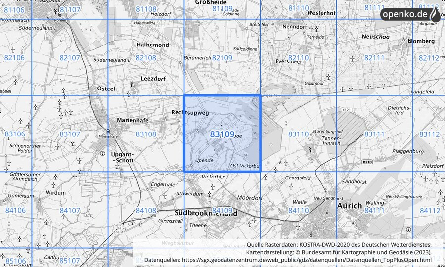 Übersichtskarte des KOSTRA-DWD-2020-Rasterfeldes Nr. 83109