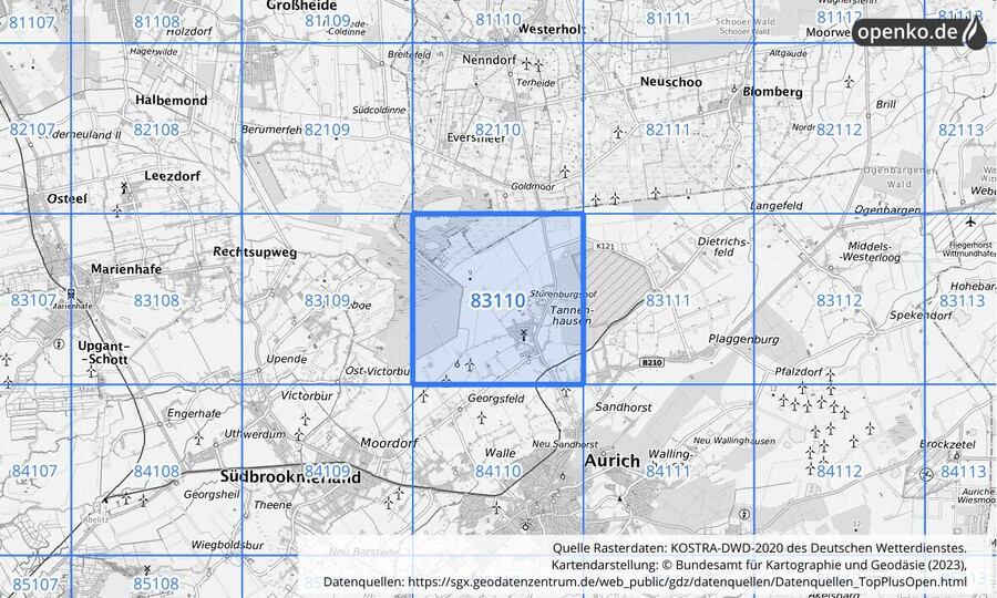 Übersichtskarte des KOSTRA-DWD-2020-Rasterfeldes Nr. 83110