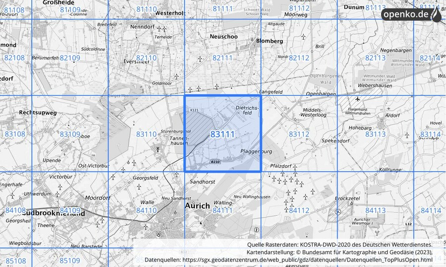 Übersichtskarte des KOSTRA-DWD-2020-Rasterfeldes Nr. 83111