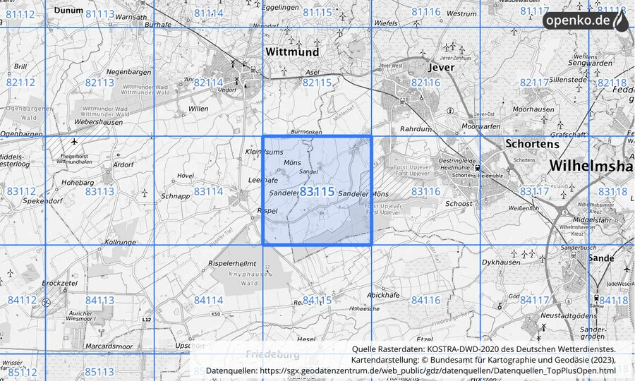 Übersichtskarte des KOSTRA-DWD-2020-Rasterfeldes Nr. 83115